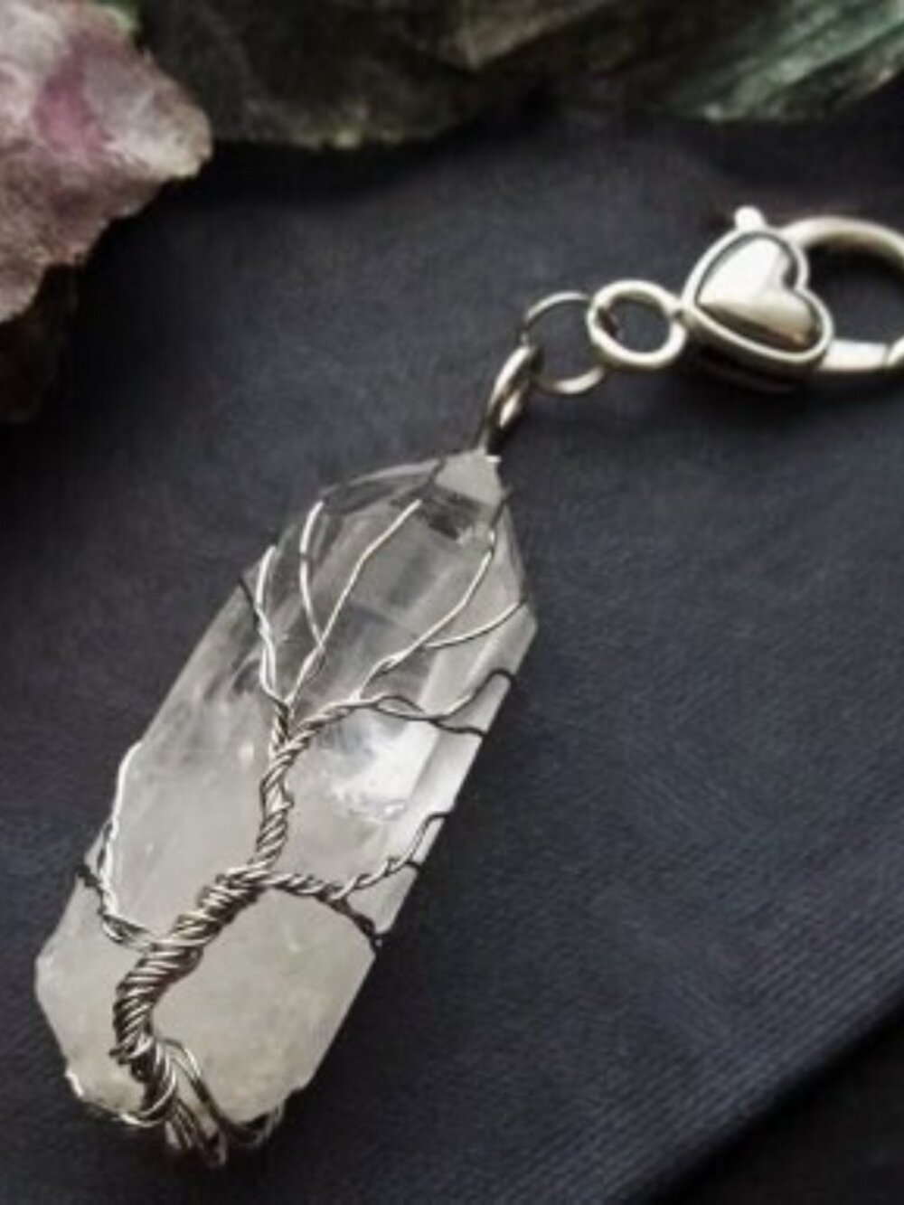 Quartz Crystal Tree of Life Keychain Charm Bag Wire Wrapped Stone